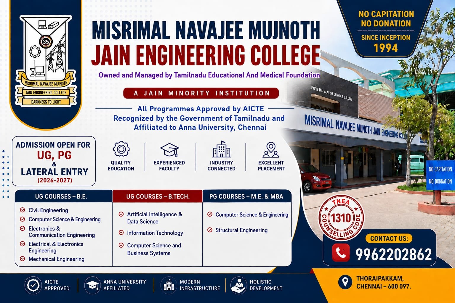 Admission open for UG, PG and Lateral Entry 2026-2027 - Misrimal Navajee Munoth Jain Engineering College